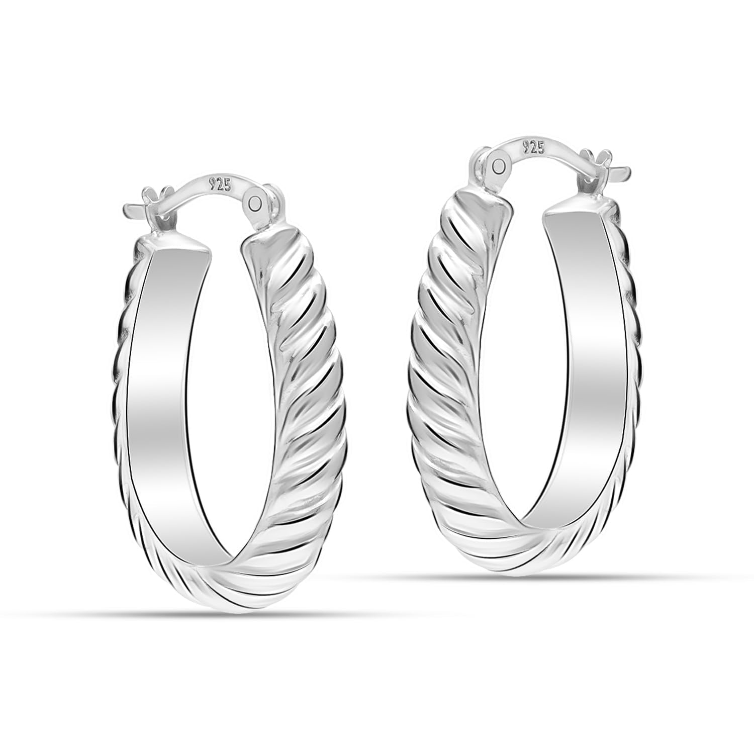 925 Sterling Silver Classic Striped Patterned Oval Shape Click-Top Hoop Earrings for Women