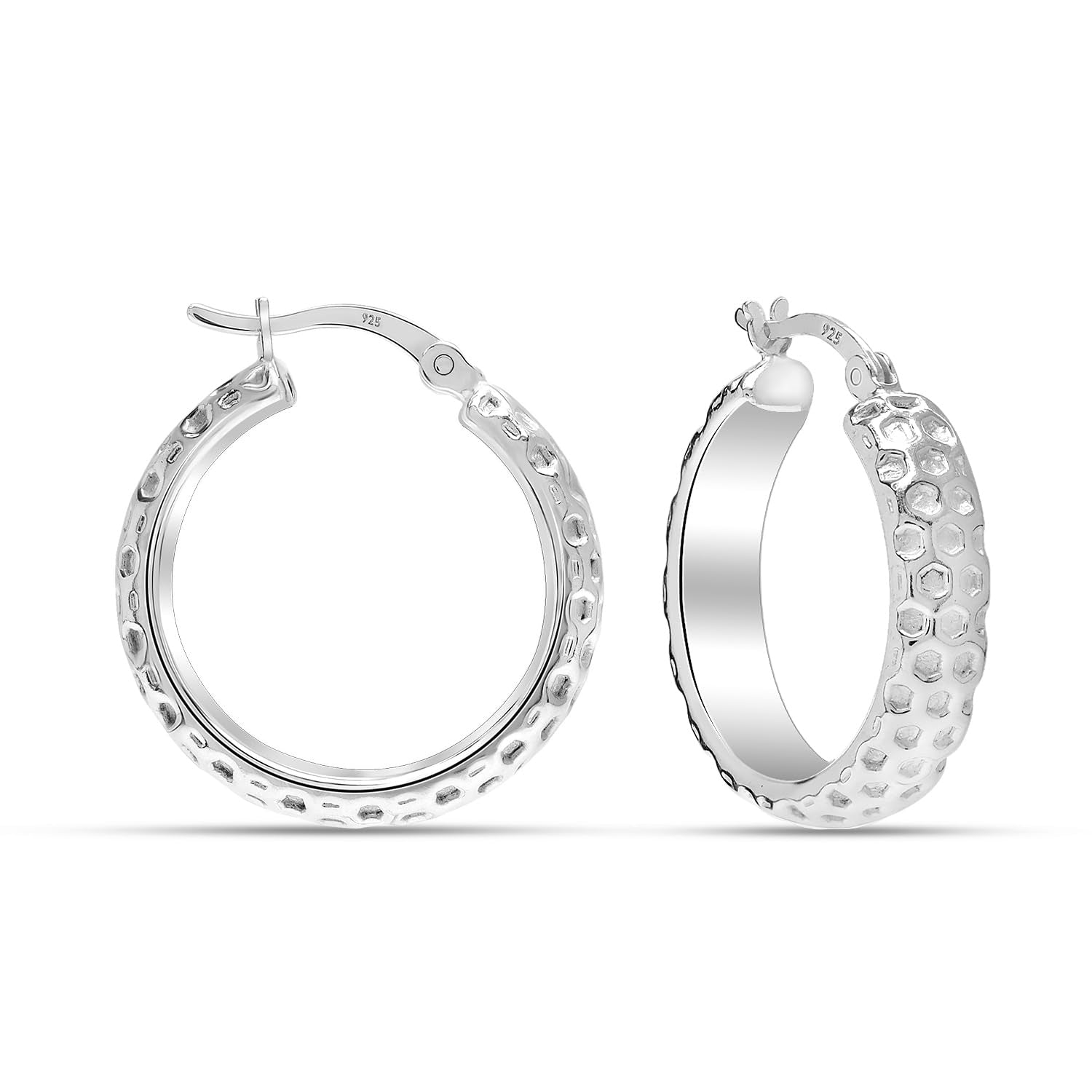 925 Sterling Silver Round Diamond-Cut Textured Hoop Earrings for Women