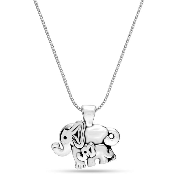 925 Sterling Silver Antique Elephant Mother and Child with Cable Chain Pendant Necklace for Women