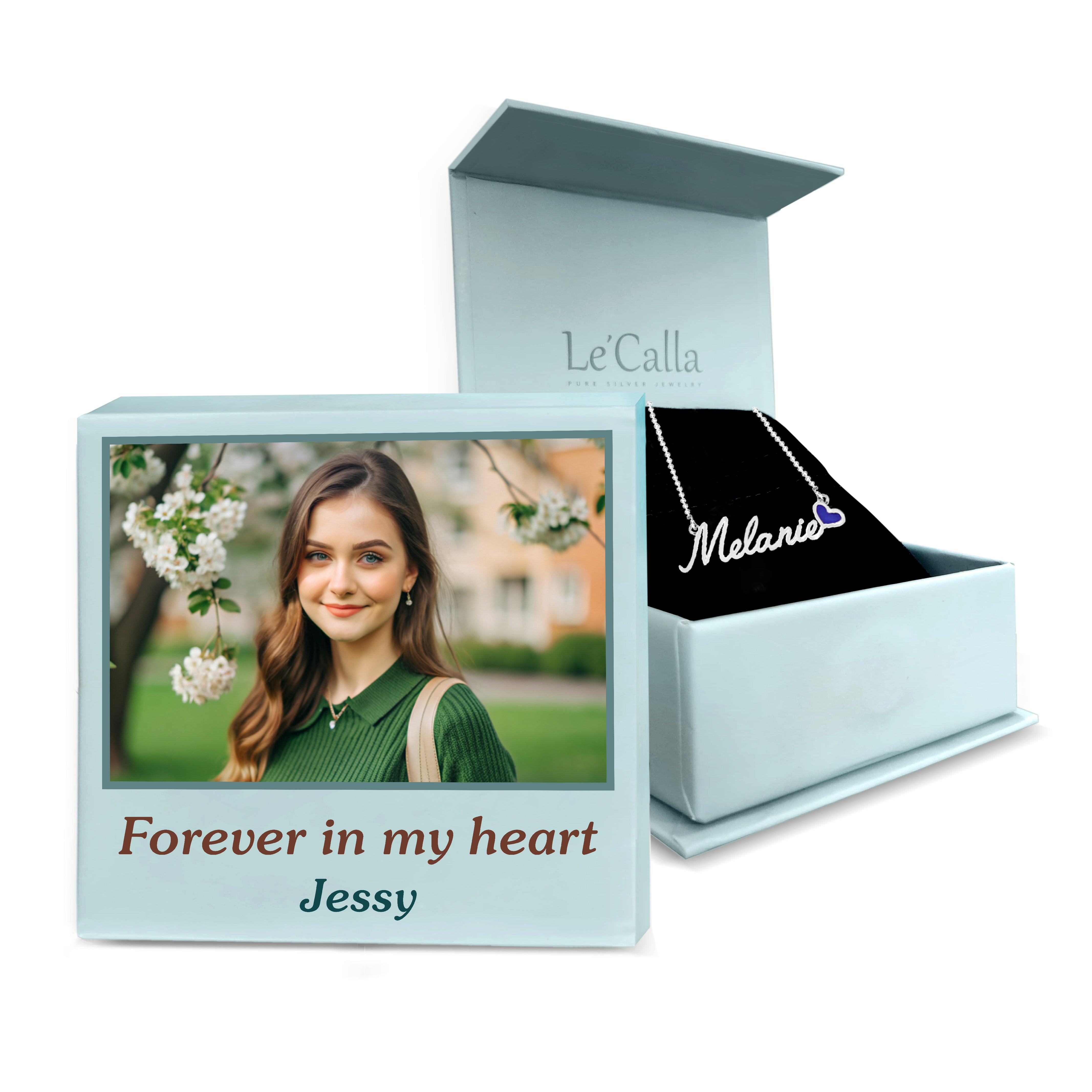 Personalised 925 Sterling Silver Name Heart Necklace with Personalised Photo & Message BOX for Teen Women