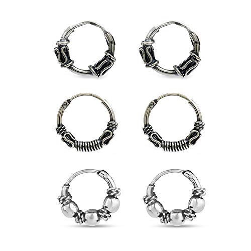 925 Sterling Silver Set of 3 Pair Antique Endless Balinese Small Hoop Earring for Men Women