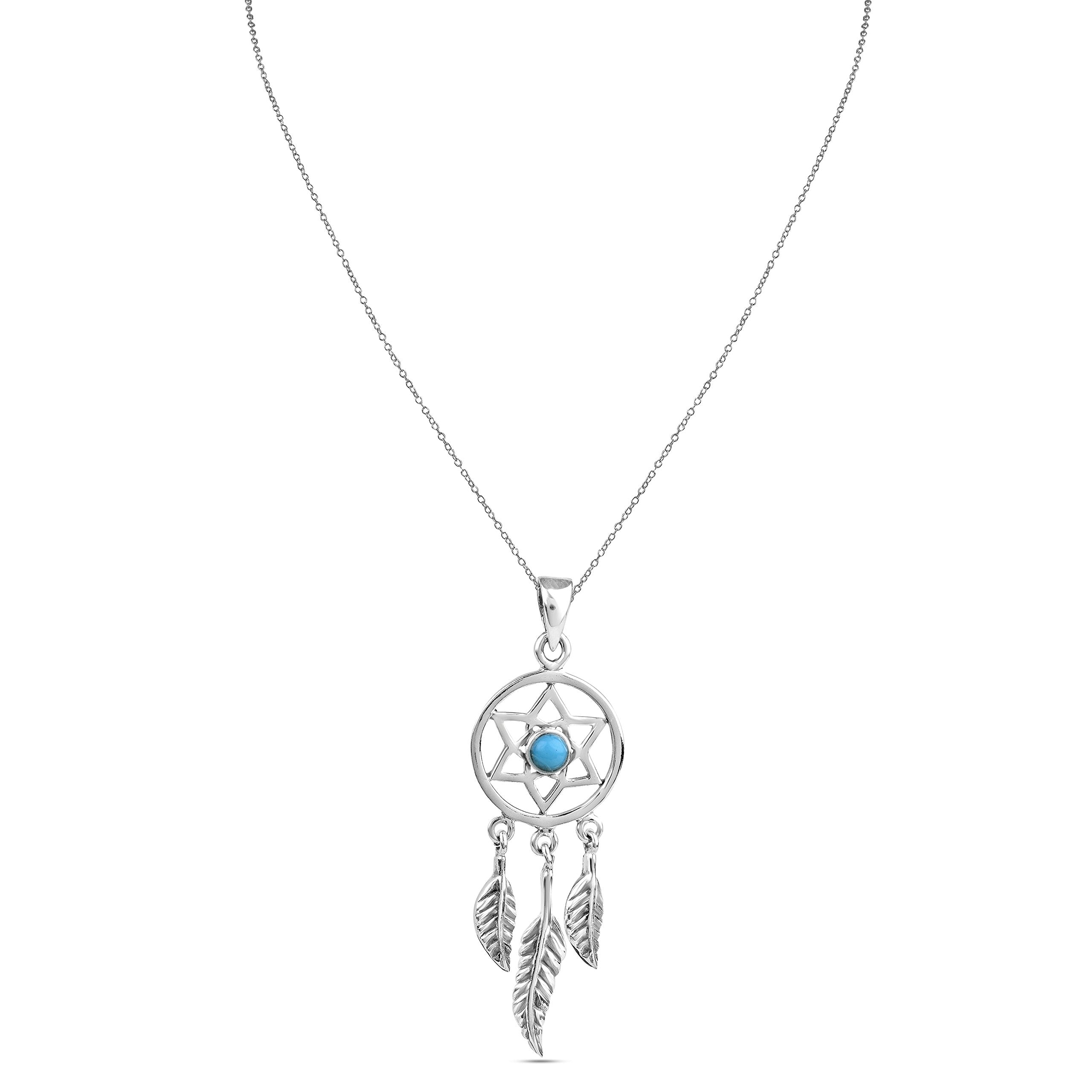 925 Sterling Silver Antique Blue Stone David Star Dream Catcher Pendant for Women