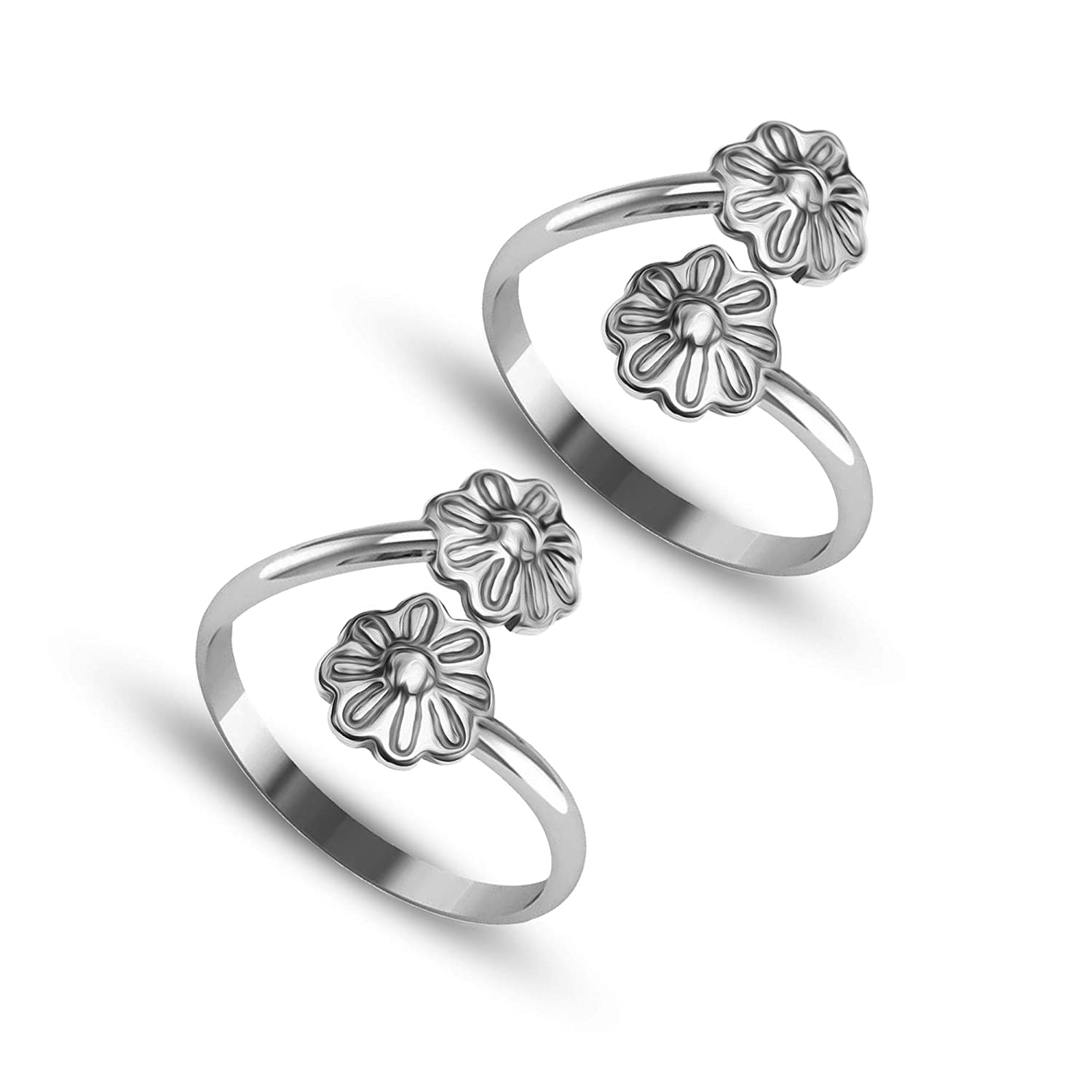 925 Sterling Silver Designer Oxidized Double Flower Toerings for Women